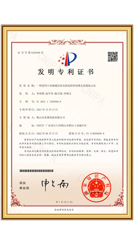 Patent certificate for invention6