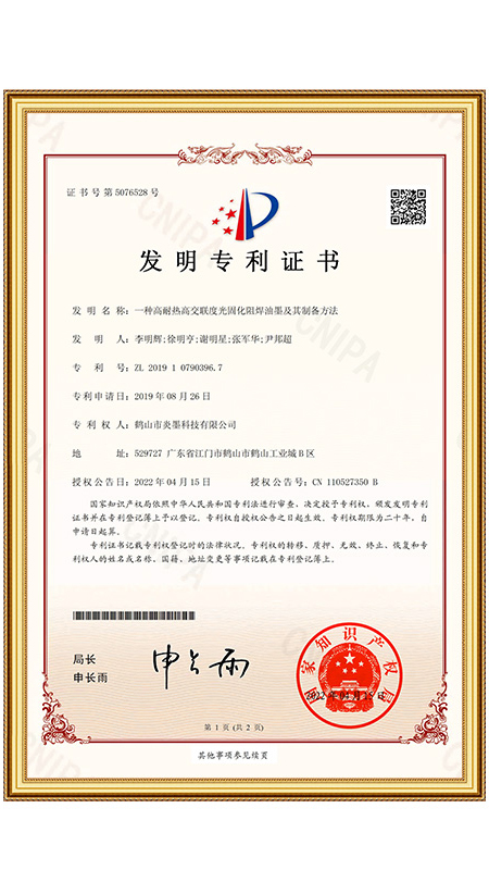 Patent certificate for invention8